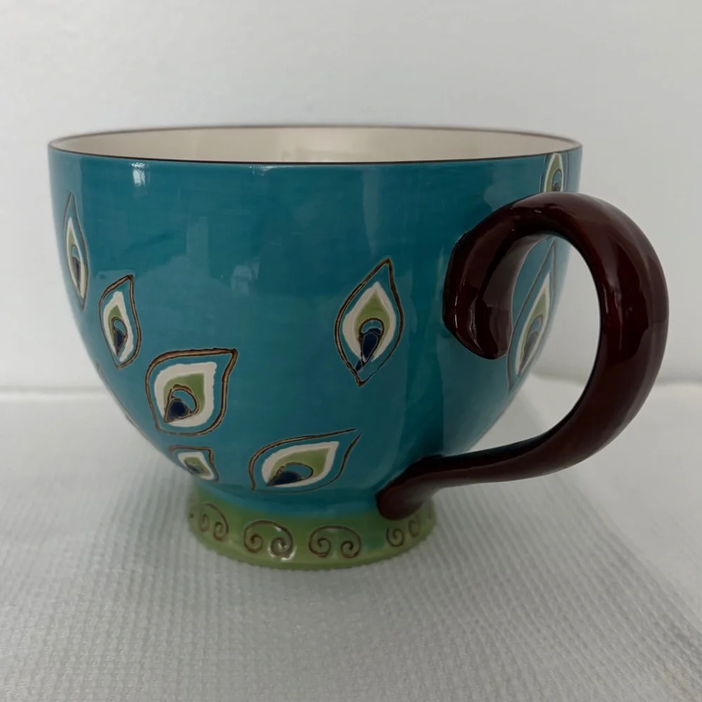 PIER 1 Dolomite Peacock Feather Hand Painted Mug Cup